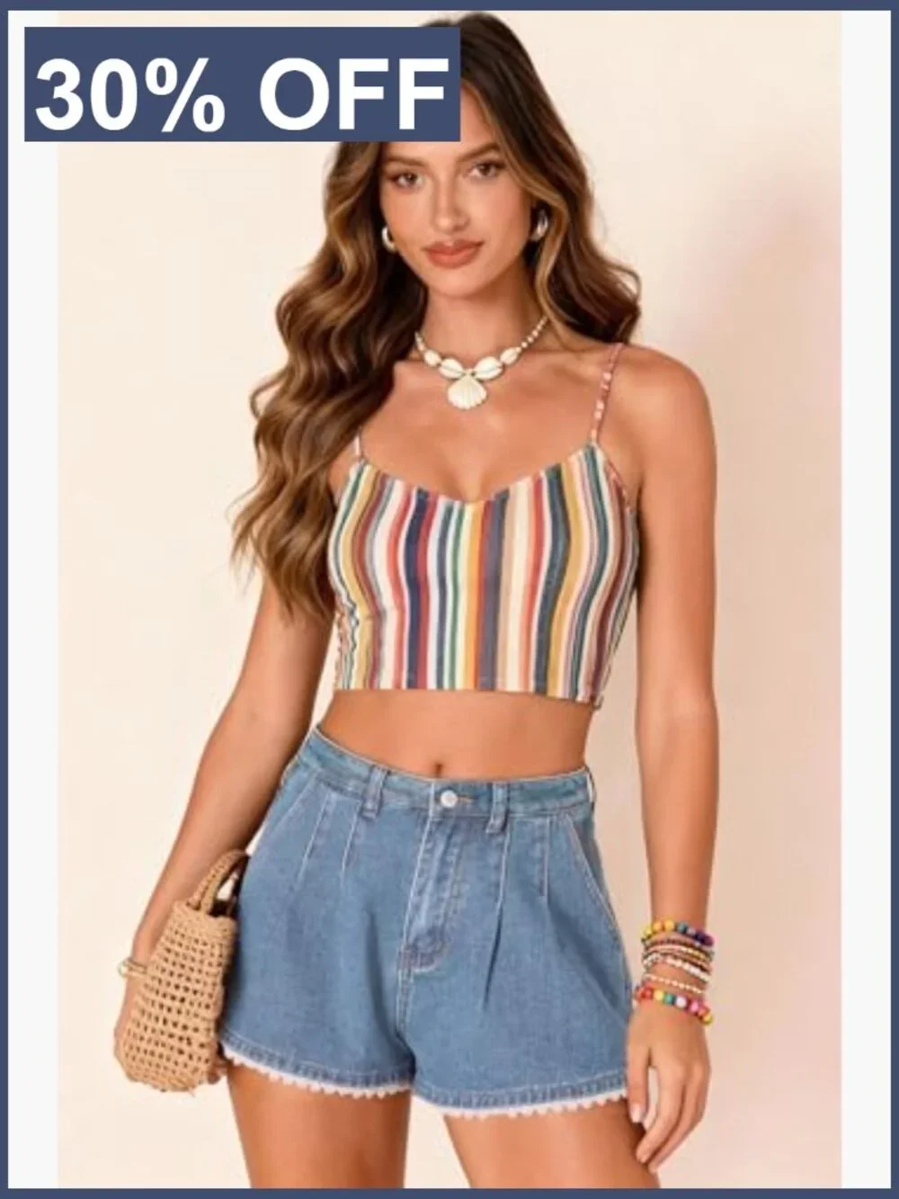 Scalloped Lace Trim High Waist Denim Shorts Pleated Wide Leg Summer
